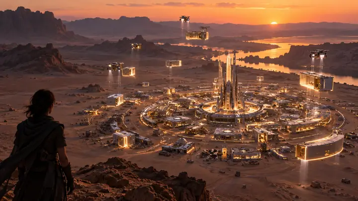 Eine Luftaufnahme einer futuristischen Wüstensiedlung, die sich aus leuchtenden modularen Teilen zusammensetzt, weitläufige Landschaft in der Abenddämmerung.
