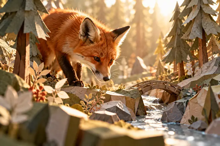 Ein neugieriger Fuchs erkundet einen Miniatur-Papierwald im sanften Morgenlicht, mit handgefertigter Textur und intimer Bildkomposition.