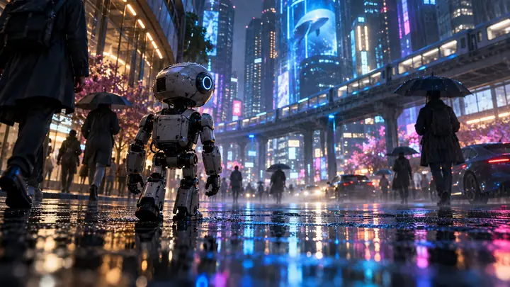 Ein filmischer Roboter, der lernt, sich nachts durch eine regennasse Neonstadt zu navigieren – eine breite Filmszene mit spiegelnden Straßen und elektrischem blauem Licht.