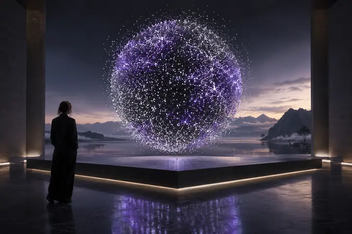 Eine dunkle geometrische Plattform trägt eine dichte schwebende Kugel aus präzisen weißen und violetten Punkten, technisch und atmosphärisch.