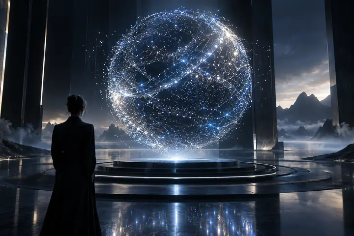 Eine schwebende Kugel aus Hunderten leuchtender Datenpunkte über einer dunklen geometrischen Plattform, raffiniertes blaues und silbernes Licht.