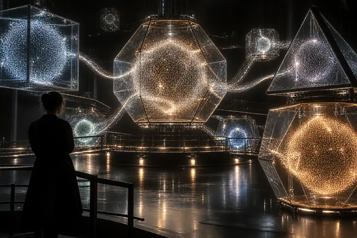 Mehrere transparente geometrische Kammern mit leuchtenden Punktwolken-Kugeln, verbunden durch subtile Lichtströme in einem schwarzen Labor.