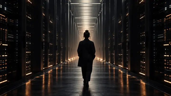 Ein langer dunkler Serverkorridor mit sanftem Deckenlicht, symmetrischer Perspektive und einer ruhigen futuristischen Atmosphäre.