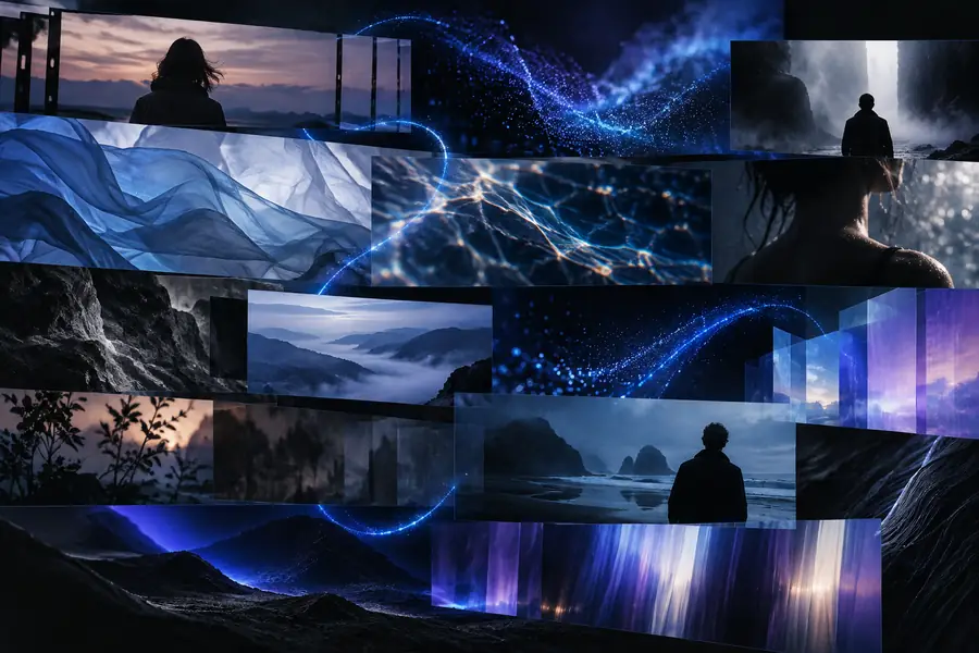 Abstract visual research references arranged in slats